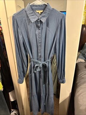 Button-Front Long Sleeve Chambray Dress with Waist Tie - Blue